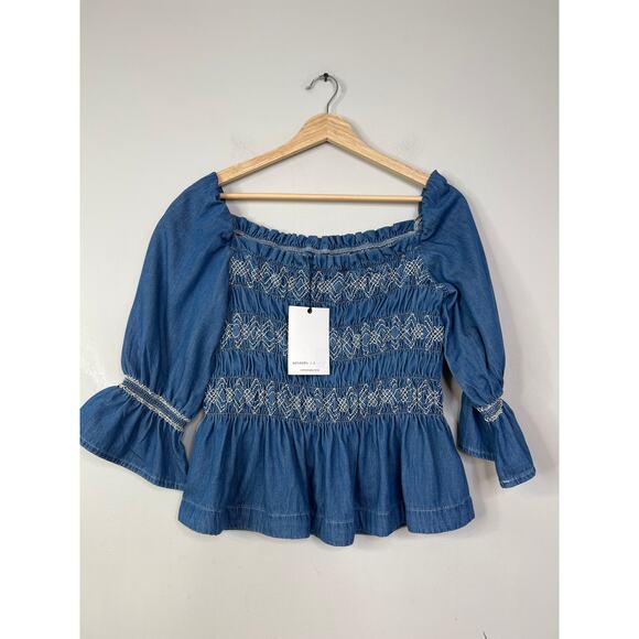 NWT Seventy + Mochi Sally 3/4 Sleeve Square Neck Top in Blue Rodeo Vintage - Picture 3 of 9